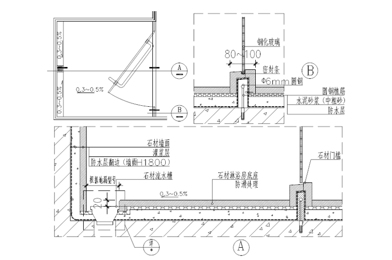 室内淋浴房装修工程节点构造图